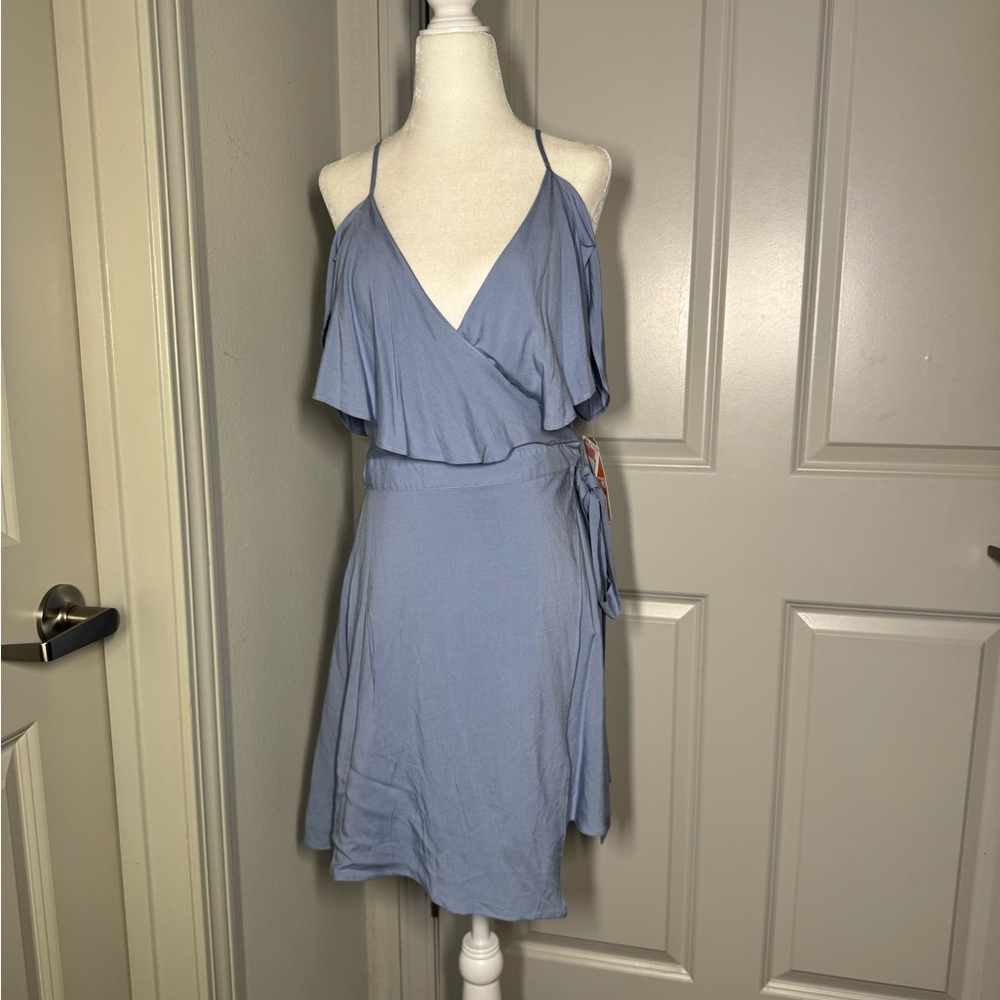 GIANNI BINI WOMENS BLUE RUFFLE WRAP DRESS SIZE S